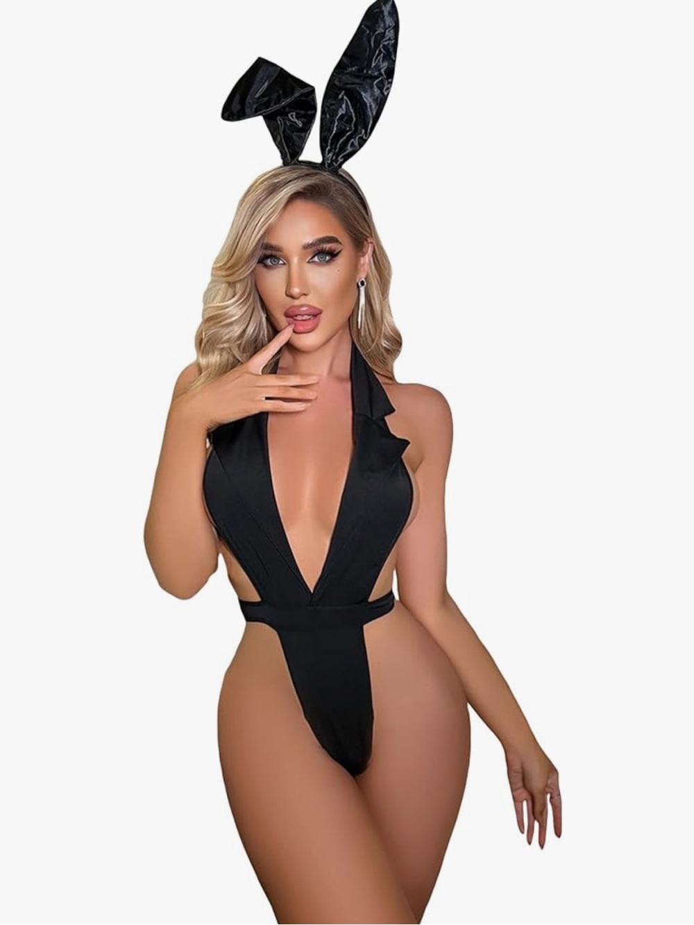 Black Bunny Cosplay Teddy Bodysuit | Deep V Halter One Piece Lingerie Bunny Ears